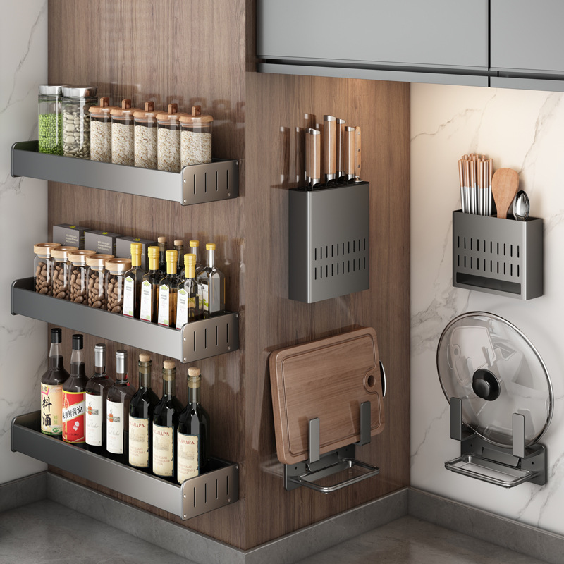 厨房置物架壁挂式免打孔枪灰家用调味料刀架挂架多功能收纳调料架