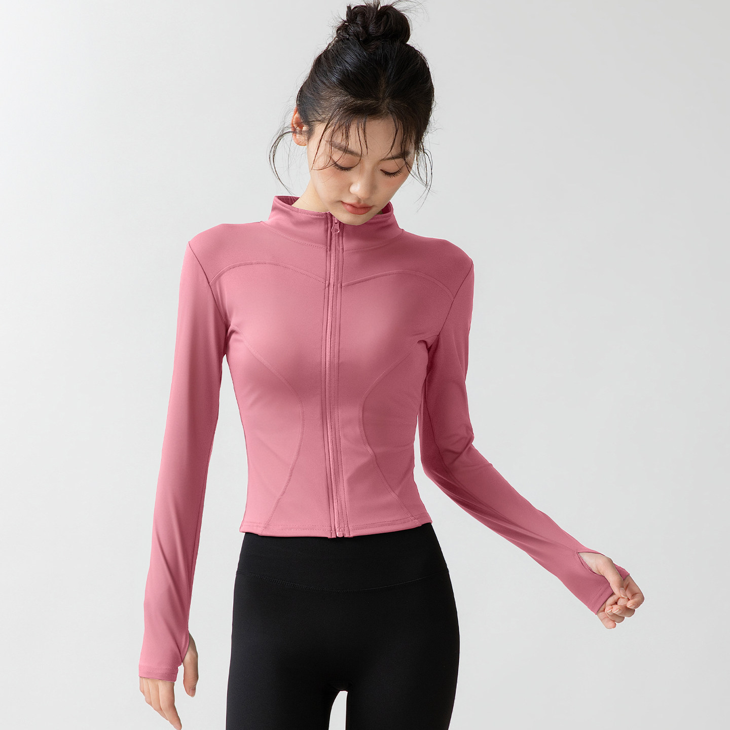 瑜伽外套女立领全拉链紧身长袖弹力健身服带拇指洞跑步运动上衣新