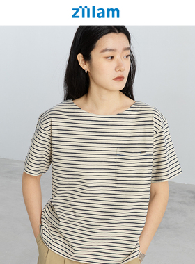 ziilam枝蓝 宽松条纹T女款棉简约百搭夏季休闲短袖上衣2025新款