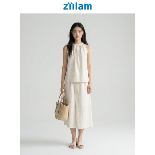 ziilam枝蓝 挂脖吊带背心女夏外穿无袖挂脖上衣两件套白色半身裙