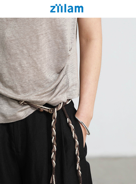 ziilam枝蓝 编织腰带女款简约咖啡杂色百搭串珠复古手工编织系带