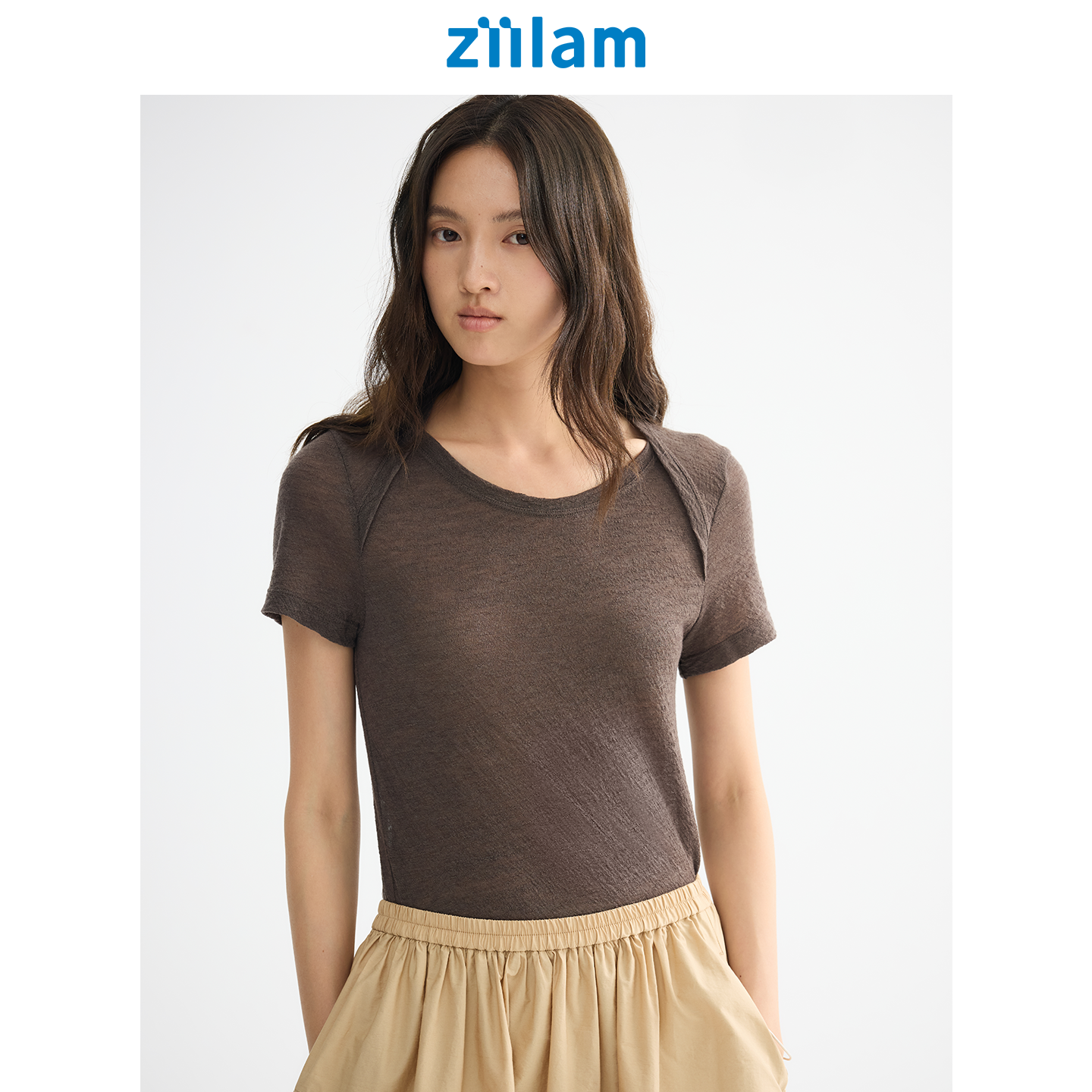 ziilam枝蓝 提花羊毛紧身T恤女新款上衣短袖女2026新款夏季t恤女
