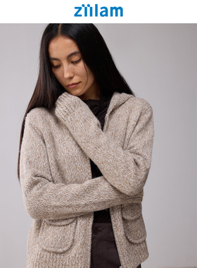 ziilam枝蓝 花纱连帽开衫美利奴羊毛混纺防风保暖松弛针织衫女