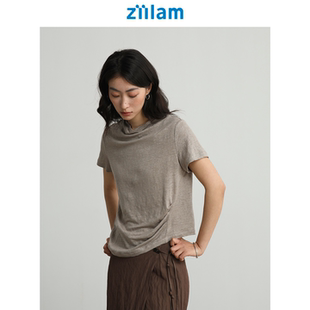 ziilam枝蓝 亚麻抽皱短袖女款休闲纯亚麻纯色t恤女设计感夏季