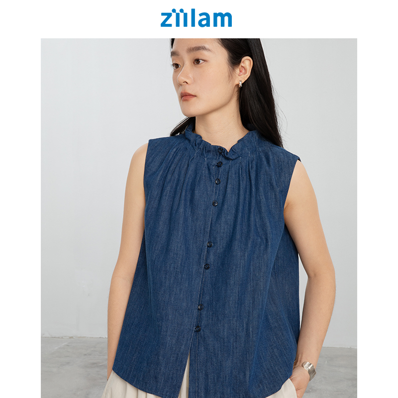 ziilam枝蓝牛仔花苞背心
