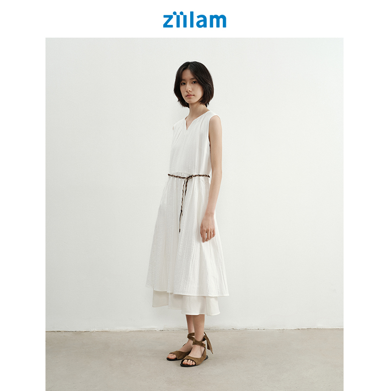 ziilam枝蓝 无袖肌理连衣裙女款简约百搭法式夏季轻薄白色连衣裙