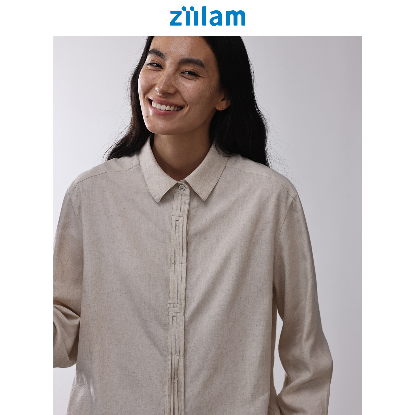 ziilam枝蓝 中长编织衬衫秋天丝亚麻混纺宽松微落肩休闲上衣女