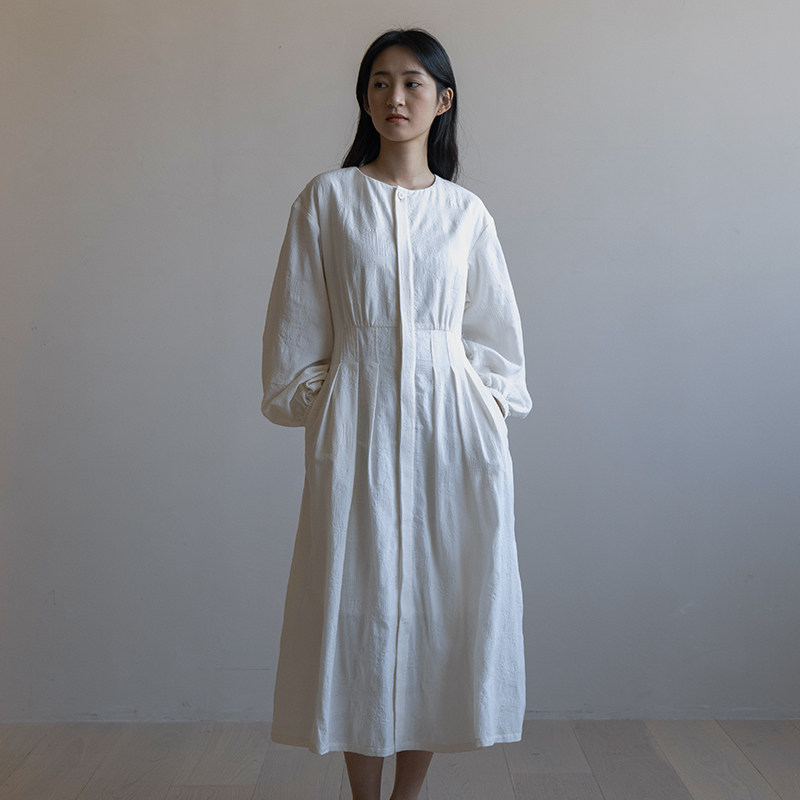 ziilam枝蓝 收腰灯笼袖连衣裙白色早秋女原创设计女春秋气质裙子