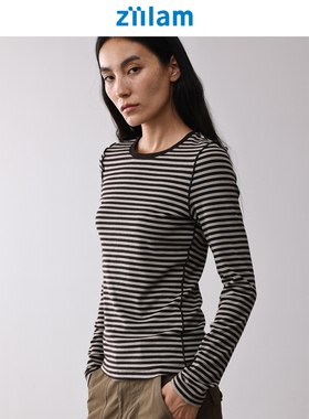 ziilam枝蓝 紧身条纹长袖T天丝羊毛混纺25秋慵懒松弛感内搭T恤女