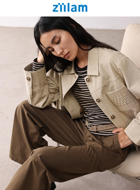 ziilam枝蓝 棉麻编织外套十字纹贴袋25秋气质翻领衬衫夹克女
