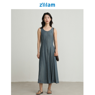 ziilam枝蓝 无袖牛仔连衣裙女莱赛尔蓝色A型简约吊带连衣裙夏季