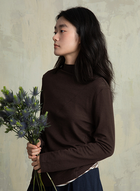 ziilam枝蓝 羊毛抽皱打底女半高领长袖咖色上衣绿色设计感内搭