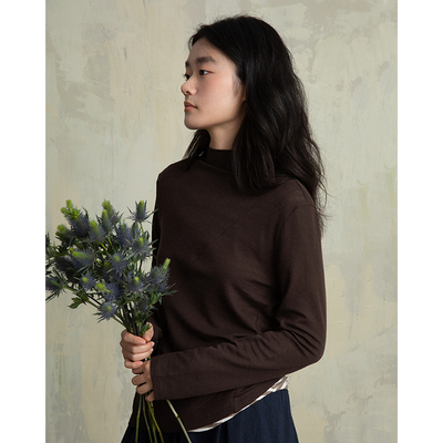 ziilam枝蓝 羊毛抽皱打底女半高领长袖咖色上衣绿色设计感内搭