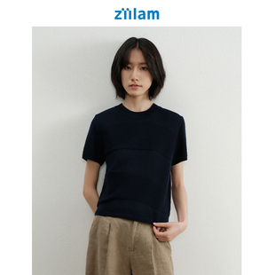 ziilam枝蓝 上衣 双组织拼接短袖 羊毛针织t恤女春秋简约圆领修身