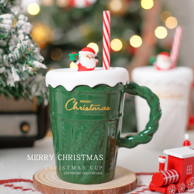 创意圣诞陶瓷杯带盖吸管大容量马克杯卡通圣诞杯子礼品水杯学生