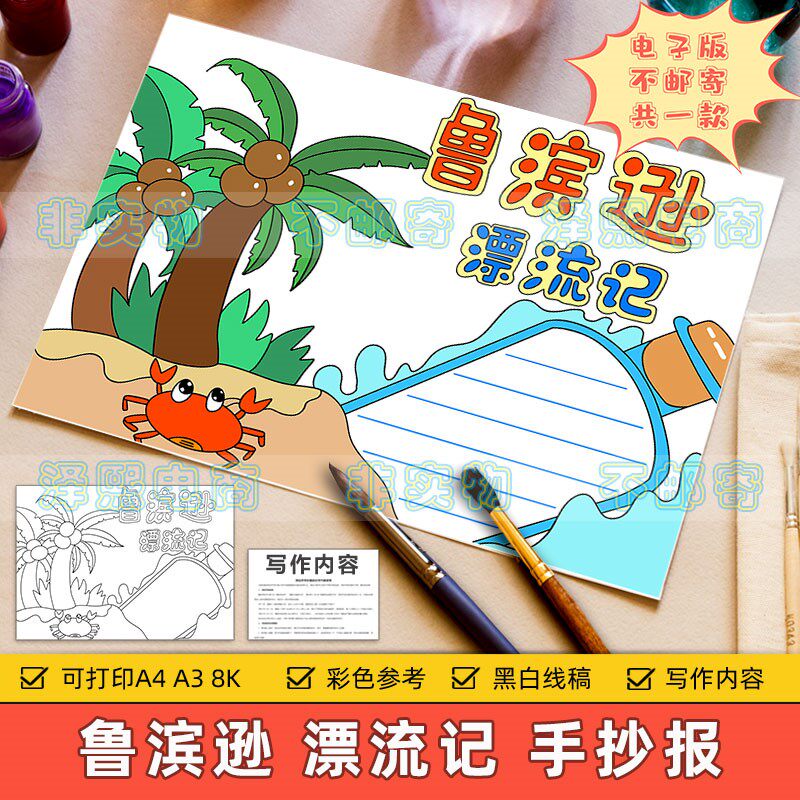 鲁滨逊漂流记手抄报模板小学生课外读书阅读好书推荐分享线稿小报