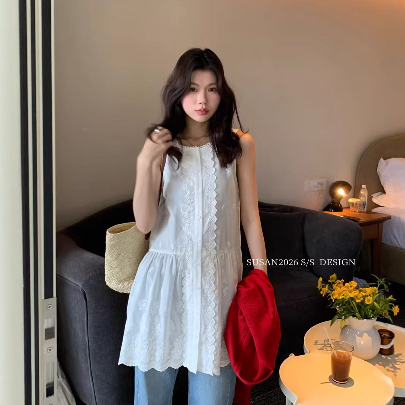 苏珊 2026法式复古蕾丝刺绣连衣裙无袖小个子无袖背心短裙DW6526