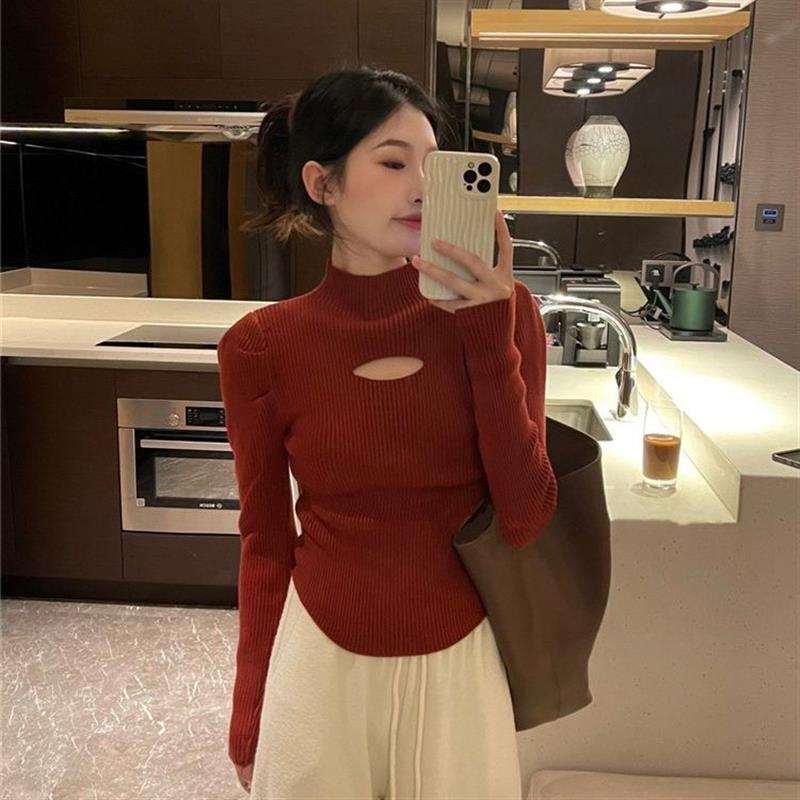 半高领镂空针织打底衫新款女2025秋冬修身显瘦气质泡泡袖内搭上衣