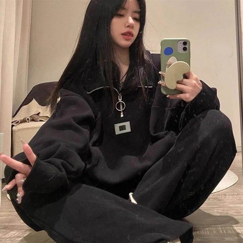 感慵懒风运动套装女冬季潮牌韩版宽松学生加厚卫衣休闲两件套