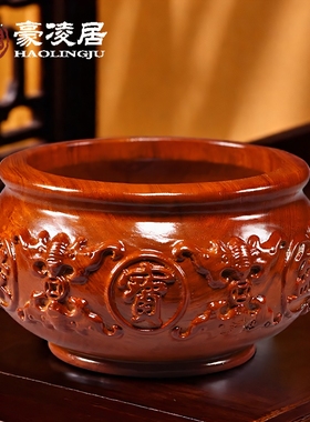 花梨木雕聚宝盆摆件实木办公室乔迁入宅桌面开业送礼品红木工艺品