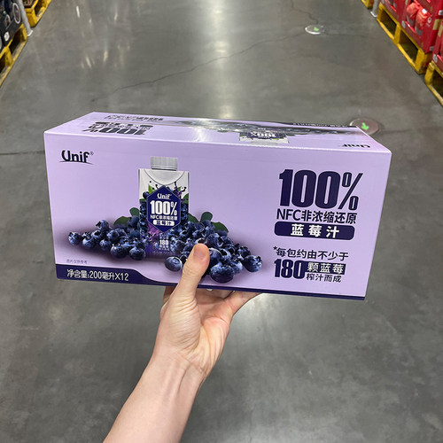 Unif 100%NFC蓝莓汁蓝莓香浓酸甜饮料压榨蓝莓果汁200ml*12瓶山姆