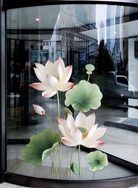 荷花欧式玻璃窗花清新荷叶餐厅阳台售楼部商场玻璃静电卫生间贴画
