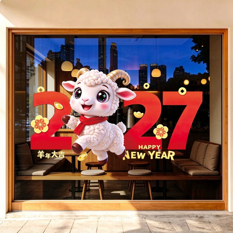 2027春节新年场景装扮鞋店窗花贴纸橱窗贴快餐店橱窗玻璃门贴装饰