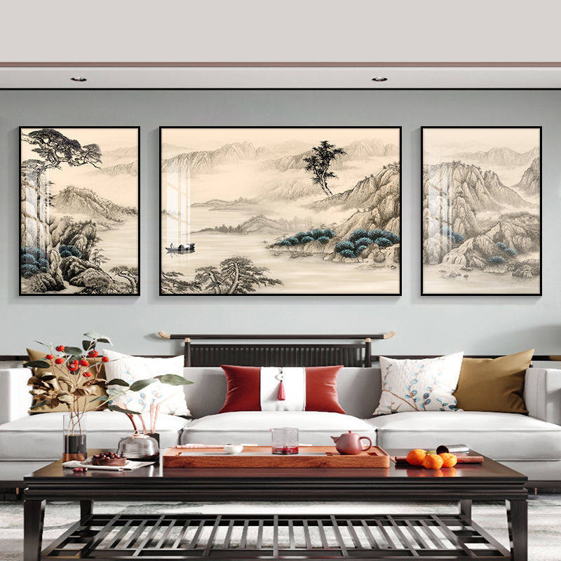 新中式客厅装饰画沙发背景墙三联画国画诗意山水风景画办公室挂画