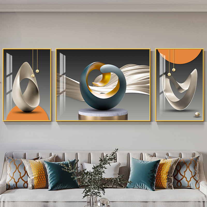 客厅装饰画现代简约抽象北欧轻奢沙发背景墙壁三联画冰晶玻璃挂画图片
