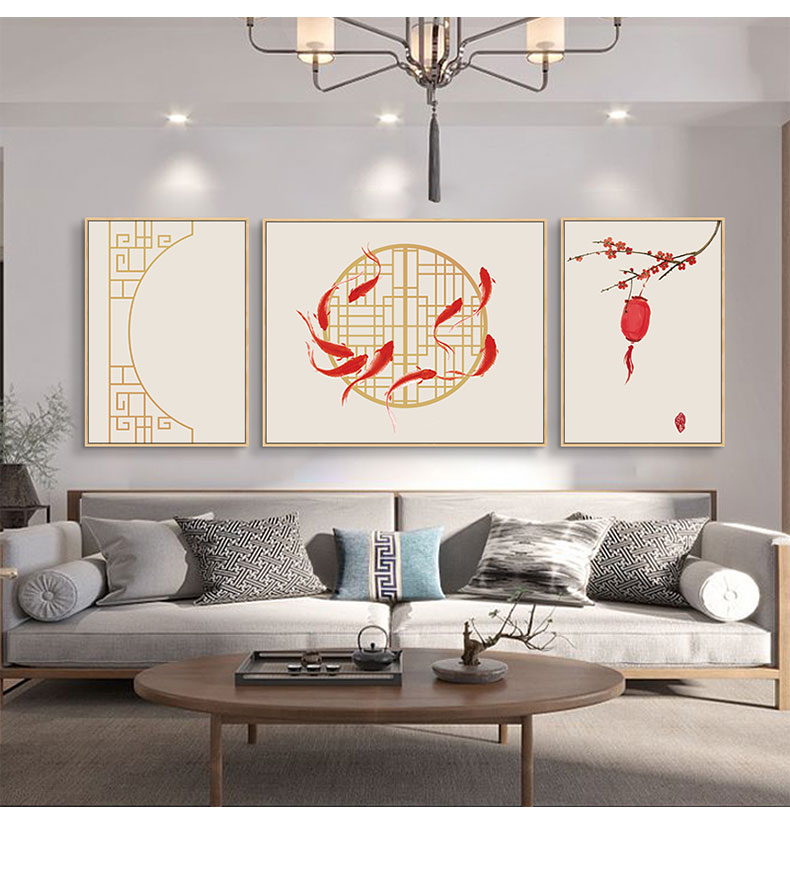 荷花新中式客厅装饰画三联组合沙发背景墙挂画中国风书房茶室壁画图片
