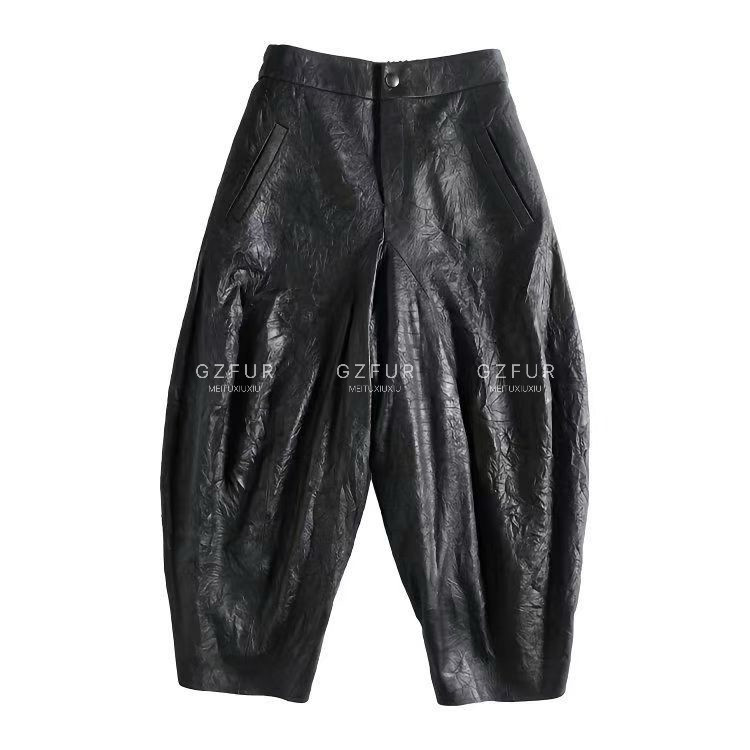 网红时尚爆款手工抓皱羊皮哈伦裤真皮绵羊皮百搭韩版阔腿质感皮裤,女装/女士精品,皮裤,淘宝优惠券,粉丝福利购,淘宝优惠卷