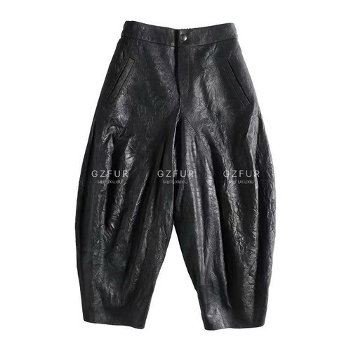 网红时尚爆款手工抓皱羊皮哈伦裤真皮绵羊皮百搭韩版阔腿质感皮裤