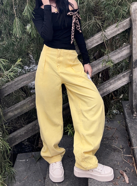 LKOD2024秋冬新款黄色水洗休闲牛仔裤长裤女宽松百搭美式