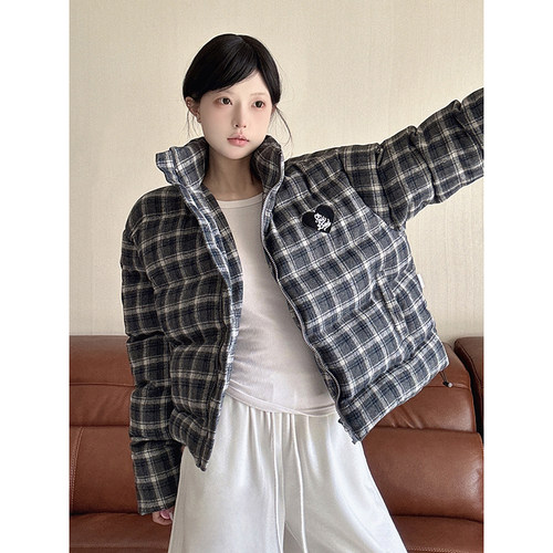 LKOD辣妹格子秋冬短款加厚棉服