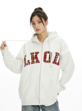 LKOD2023秋冬新款贴布格子连帽卫衣男女同款帽衫潮牌外套