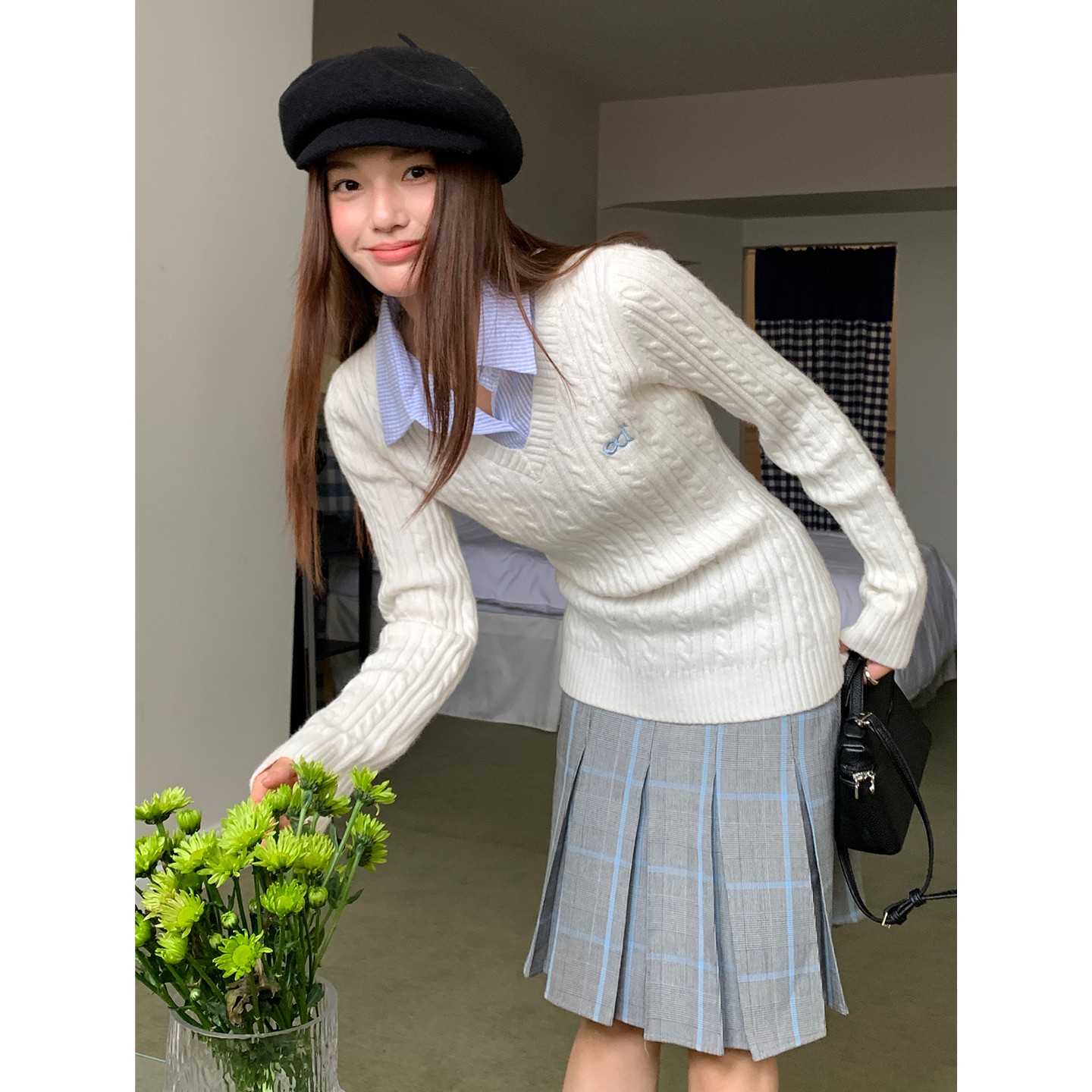 条纹衬衣领od字母毛衣v领假两件