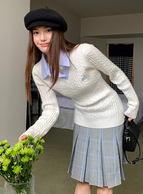 LKOD2025条纹衬衣领od字母毛衣v领假两件长袖针织修身女