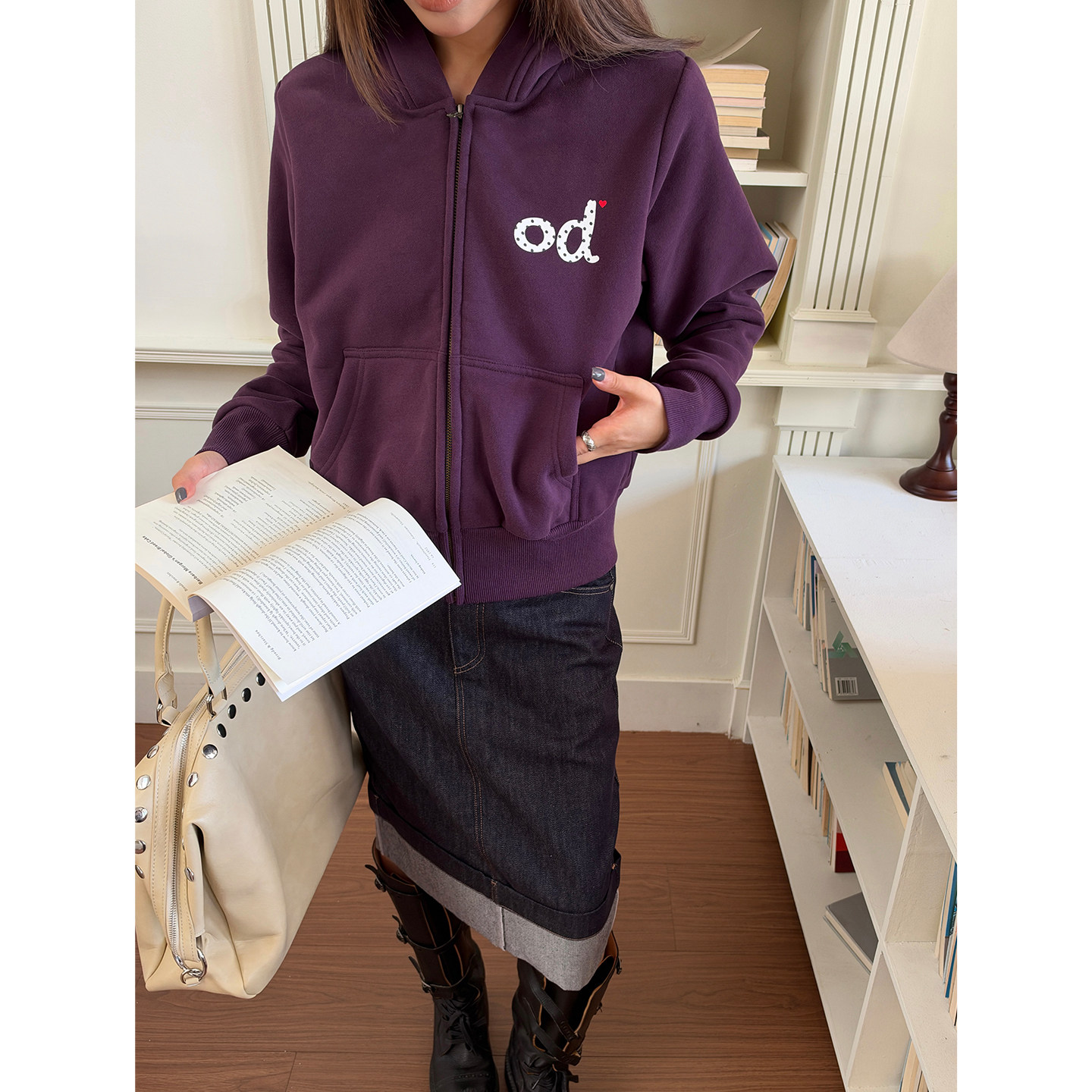 秋冬od波点短款拉链卫衣女