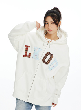 LKOD2024秋季新款潮牌格子碎花贴布外套男女同款帽衫长袖