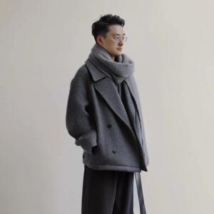 Hofeny羊绒蚕丝双面呢短款廓形海军大衣