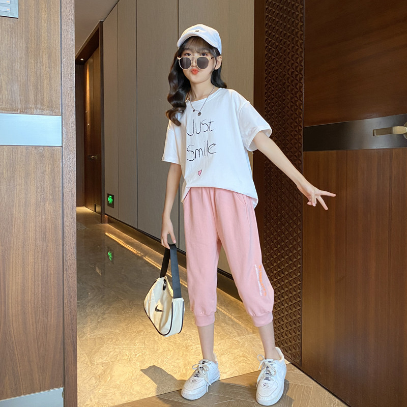 女童套装夏装薄款运动短裤短袖T恤网红儿童套装洋气夏季七分裤子