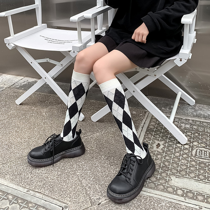 白色菱格小腿袜JK风少女长袜子