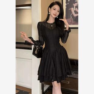 欧洲站法式富家千金连衣裙女装秋季高级感礼服收腰显瘦气质小黑裙