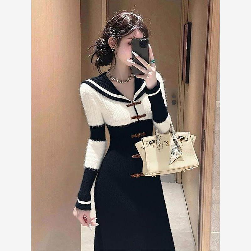 秋季新款法式黑色海军领拼接针织连衣裙女轻熟风掐腰气质包臀长裙