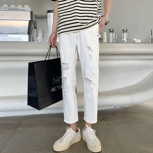 203-6 F63 P60～夏装新款 韩系修身破洞白色牛仔裤 八分裤9分裤，男装牛仔裤，星座203-6(原电商259)