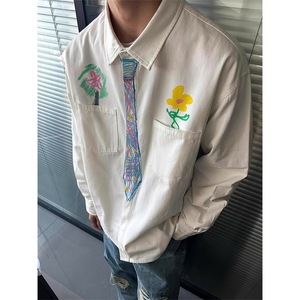 蜡笔手绘领带衬衫男长袖设计感小众情侣学院风衬衣高级感痞帅外套图片