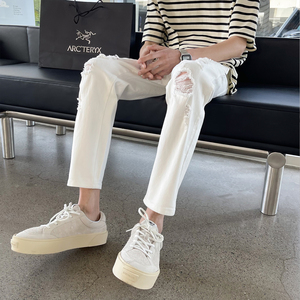 203-6 F63 P60～夏季 韩系修身破洞牛仔裤 白色破洞八分裤9分裤，男装牛仔裤，星座203-6(原电商259)