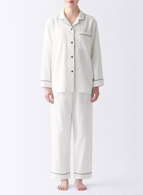 无印日式良品纯棉双层纱睡衣女士春夏无侧缝家居服套装男长袖薄款