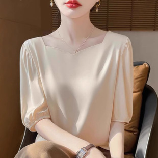 显瘦柔软丝滑轻薄t恤潮 女设计感百搭洋气小衫 法式 缎面钻石领短袖