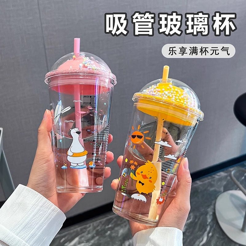 水杯玻璃杯吸管杯女生高颜值卡通带刻度创意牛奶果汁饮料可乐杯子